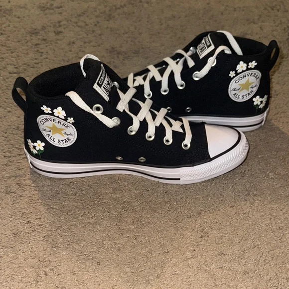 Women’s Converse Black High-Top Sneakers with White Daisy Accents - Picture 1 of 4